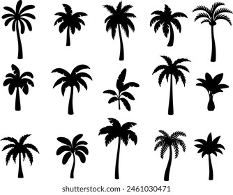 Pixel perfect icon set of tropical palm tree plant silhouette summer beach. Thin line icons flat vector illustrations isolated on white and transparent background	
