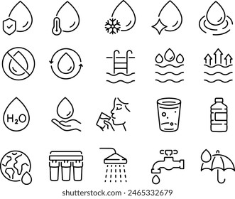Pixel perfekte Ikone Set von Wasser Feuchtigkeit Pool Flasche Meergetränk Schwimmen Dusche. Dünne Linien Symbole Flache Vektorillustrationen auf transparentem Hintergrund
