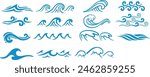 Pixel perfect icon set of wave in ocean sea, surf wave summer beach blue aqua water. Simple thin line icons, flat vector illustrations. Isolated on white, transparent background