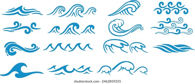 Pixel perfekte Ikone Satz der Welle im Meer, Surfwelle Sommer Strand blau Wasser. Einfache dünne Linien-Symbole, flache Vektorillustrationen. Isoliert auf weißem, transparentem Hintergrund