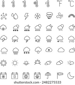 Pixel perfect icon set of weather conditions forecast. Sunny, Partly Cloudy, Cloudy, Overcast, Rain, Showers, Thunderstorms, Snow, Sleet, Hail, Fog, Windy, Humid, Dry, Hot, Cold, Blizzard, Drizzle.