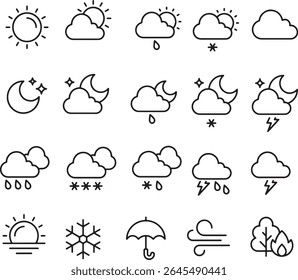 Pixel perfeito ícone conjunto de condições meteorológicas ensolarado neve tempestades chuvosas parcialmente nublado céu claro. Ícones de linha finos, traçado editável.