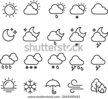 Pixel perfect icon set of weather conditions sunny snowy rainy stormy partly cloudy clear sky. Thin line icons, editable stroke.