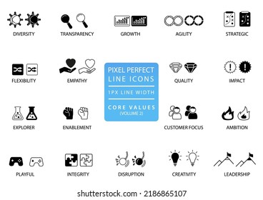 Pixel perfect icon vector set. Corporate core values conceptual collection of symbols for business presentations and website. 