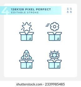 Pixel perfect icons set representing product management, editable blue thin line illustration.