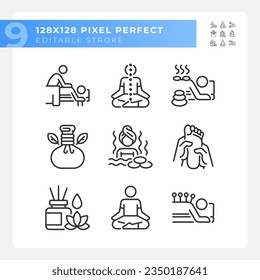 Pixel perfect icons set representing meditation, editable black thin line wellness illustration.