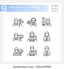 Pixel perfekte Symbole, die Journalismus darstellen, bearbeitbare schwarze dünne Linie Illustration.