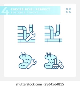 Pixel perfect icons set representing plumbing, editable blue thin line illustration.