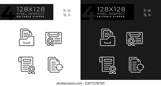Pixel perfect icons set representing document, editable dark and light thin line illustration.