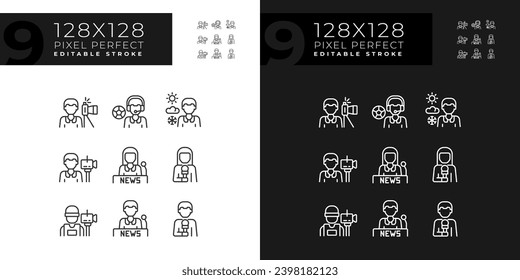 Iconos perfectos de píxeles que representan el periodismo, ilustración editable de líneas finas y oscuras.