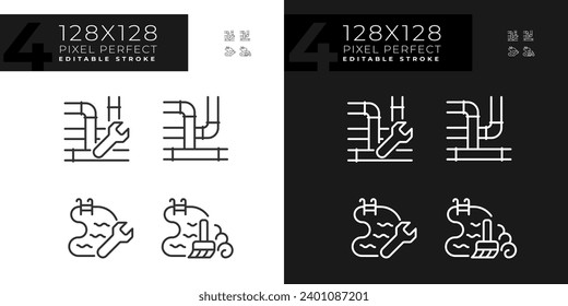 Pixel perfect icons set representing plumbing, editable dark and light thin line illustration.