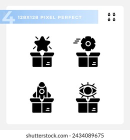 Pixel perfect icons set representing product management, glyph style illustration.