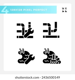 Pixel perfect icons set representing plumbing, glyph style illustration.