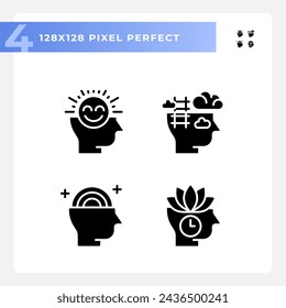 Pixel perfect icons set representing soft skills, glyph style illustration.