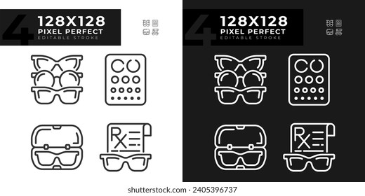 Iconos de luz y oscuridad perfectos de píxeles que representan el cuidado de los ojos, conjunto de ilustraciones de línea delgada editable.