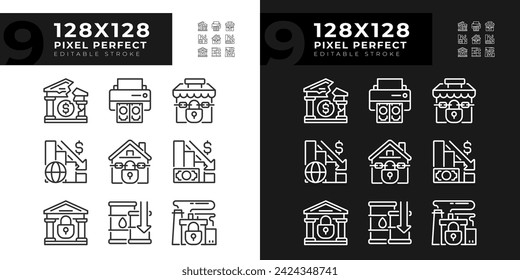 Pixel perfect light and dark icons representing economic crisis, editable thin line illustration set.