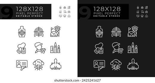 Conjunto de iconos de luz y oscuridad de píxeles perfectos que representan armas, ilustración de línea delgada editable.