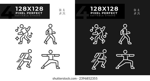 Pixel perfect light and dark mode icons set of fitness, editable thin line wellness illustration.