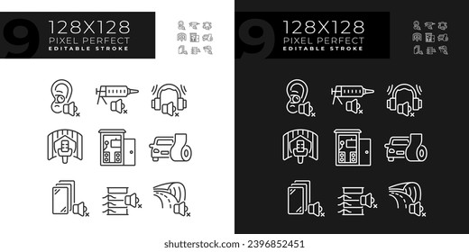 Pixel perfect light and dark mode icons representing soundproofing, editable thin linear illustration set.