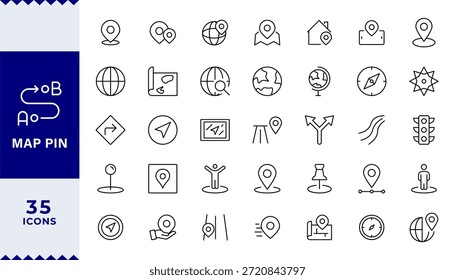 Pixel Perfect (Perfeito pixel), conjunto de ícones de linha de pin do mapa. Localização, pin push, marcador de mapa, geolocalização, rota, marcador de mapa, endereço, posição, rastreamento, geolocalização, ícones de linha editáveis. Ilustração vetorial.