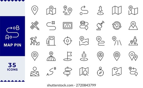 Pixel Perfect (Perfeito pixel), conjunto de ícones de linha de pin do mapa. Localização, pin push, marcador de mapa, geolocalização, rota, marcador de mapa, endereço, posição, rastreamento, geolocalização, ícones de linha editáveis. Ilustração vetorial.