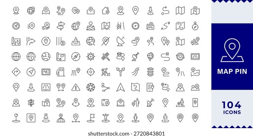 Pixel Perfect (Perfeito pixel), conjunto de ícones de linha de pin do mapa. Localização, pin push, marcador de mapa, geolocalização, rota, marcador de mapa, endereço, posição, rastreamento, geolocalização, ícones de linha editáveis. Ilustração vetorial.