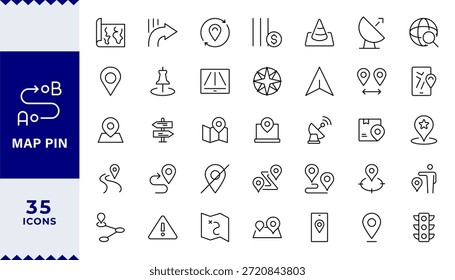 Pixel Perfect (Perfeito pixel), conjunto de ícones de linha de pin do mapa. Localização, pin push, marcador de mapa, geolocalização, rota, marcador de mapa, endereço, posição, rastreamento, geolocalização, ícones de linha editáveis. Ilustração vetorial.