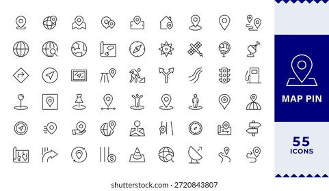 Pixel Perfect (Perfeito pixel), conjunto de ícones de linha de pin do mapa. Localização, pin push, marcador de mapa, geolocalização, rota, marcador de mapa, endereço, posição, rastreamento, geolocalização, ícones de linha editáveis. Ilustração vetorial.