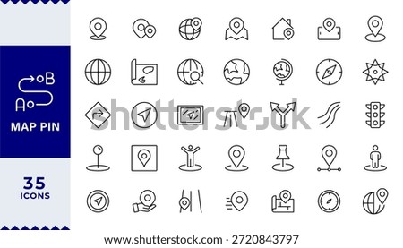 Pixel Perfect, Map pin line icon set. Location, push pin, map marker, geolocation, route, map marker, address, position, tracking, geolocation,  Editable line icons. Vector illustration.