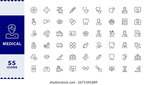 Pixel Perfect, Linha Médica Conjunto de ícones editáveis. Ilustração vetorial no estilo moderno de linha fina de ícones médicos gerais: sinais e símbolos de medicina e farmacologia, hospital, médico, testes, etc.