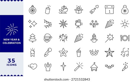 Pixel Perfecto, Año Nuevo y Celebración Feliz Navidades y Feliz Año Nuevo iconos para Web y App móvil. Invierno, celebración, trazo editable. Ilustración vectorial