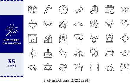 Pixel Perfecto, Año Nuevo y Celebración Feliz Navidades y Feliz Año Nuevo iconos para Web y App móvil. Invierno, celebración, trazo editable. Ilustración vectorial