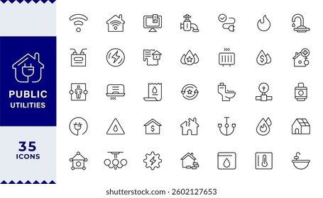 Pixel Perfect Public Utilities outline icons with editable stroke collection. Includes Water, Electricity, Solar House, with Editable stroke.