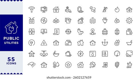 Pixel Perfect Public Utilities outline icons with editable stroke collection. Includes Water, Electricity, Solar House, with Editable stroke.