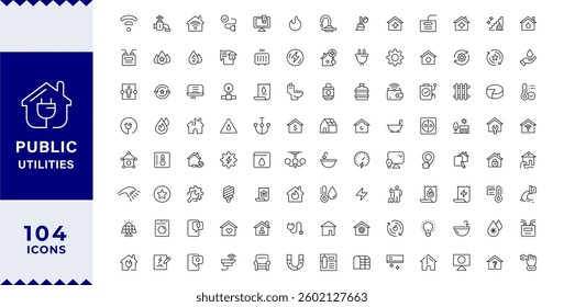 Pixel Perfect Public Utilities outline icons with editable stroke collection. Includes Water, Electricity, Solar House, with Editable stroke.