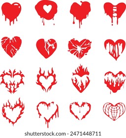 Pixel perfect red icon set of heart with gothic goth rock punk retro style. Stylish heart tattoo sticker. Flat icons vector illustrations	