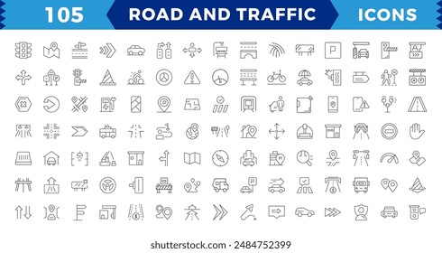 Pixel Perfect Road and traffic line icons collection. Street, transport,directions, parking, route, GPS, drive, crosswalk, Thin outline pack. Way direction arrow sign. Roadsigns. Outline icon collect