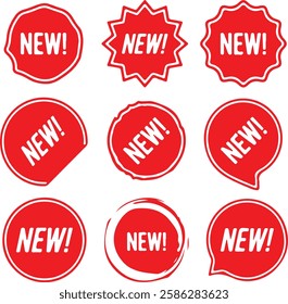 Pixel perfect round red icon set of a new sale tag sticker, button, stamp, coupon, ribbon, mark, label. Isolated on a transparent background. Simple flat design