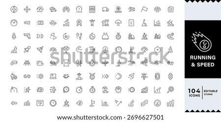 Pixel Perfect, Running and Speed icon set. Containing fast, slow, movement, productivity, turbo, speeding, gauge, express and speedometer icons. Outline icon collection.