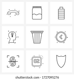 Pixel Perfect Set of 9 Vector Line Icons such as bin; dustbin; battery; trash; brain Vector Illustration