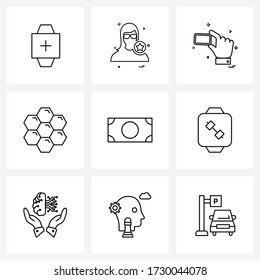Pixel Perfect Set of 9 Vector Line Icons such as saving; currency; hand; cash; hexagon Vector Illustration
