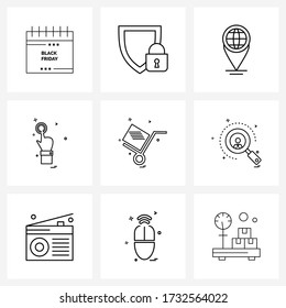 Pixel Perfect Set of 9 Vector Line Icons such as shopping; cart; map pointer; touch Vector Illustration
