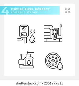 Pixel perfect set of black icons representing plumbing, editable thin line illustration.