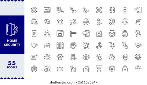  Pixel Perfect ,Set of Home Security web icons in line style. Guard, cyber security, password, smart home, safety, data protection, key, shield, lock, unlock, eye access. Security outline icon.
