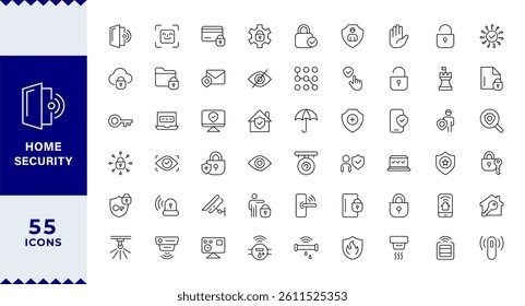  Pixel Perfect ,Set of Home Security web icons in line style. Guard, cyber security, password, smart home, safety, data protection, key, shield, lock, unlock, eye access. Security outline icon.