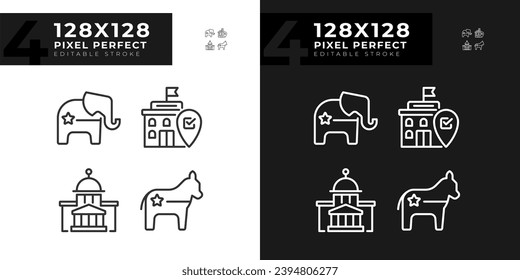 Pixel perfect set of icons for dark and light mode representing voting and political parties, editable politics and election signs for day and night theme.