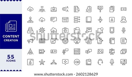 Pixel Perfect Set of outline icons related to content creation, media.video player, creator, copywriting, film Editable stroke.