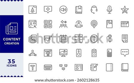 Pixel Perfect Set of outline icons related to content creation, media.video player, creator, copywriting, film Editable stroke.