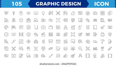 Pixel Perfect Conjunto de iconos de línea delgada de Diseño gráfico. Iconos lineales simples en un estilo moderno plano, proceso creativo. Diseño gráfico, paquete creativo, papelería, software y trazo editable
