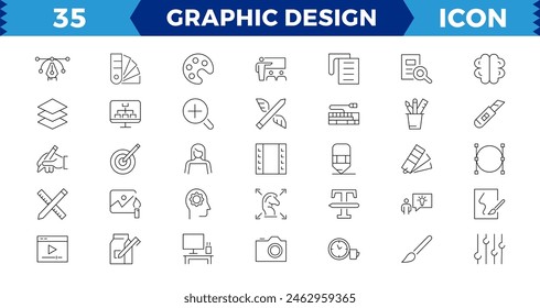 Pixel Perfect Set of thin line icons of graphic design. Simple linear icons in a modern style flat, Creative Process. Graphic design, creative package, stationary, software and Editable stroke
